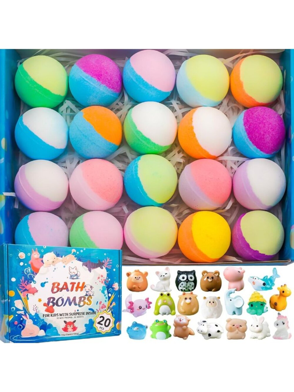 20 Pack Organic Bath Bombs with Surprise Toys - Fun Bubble Bath Gift for Kids